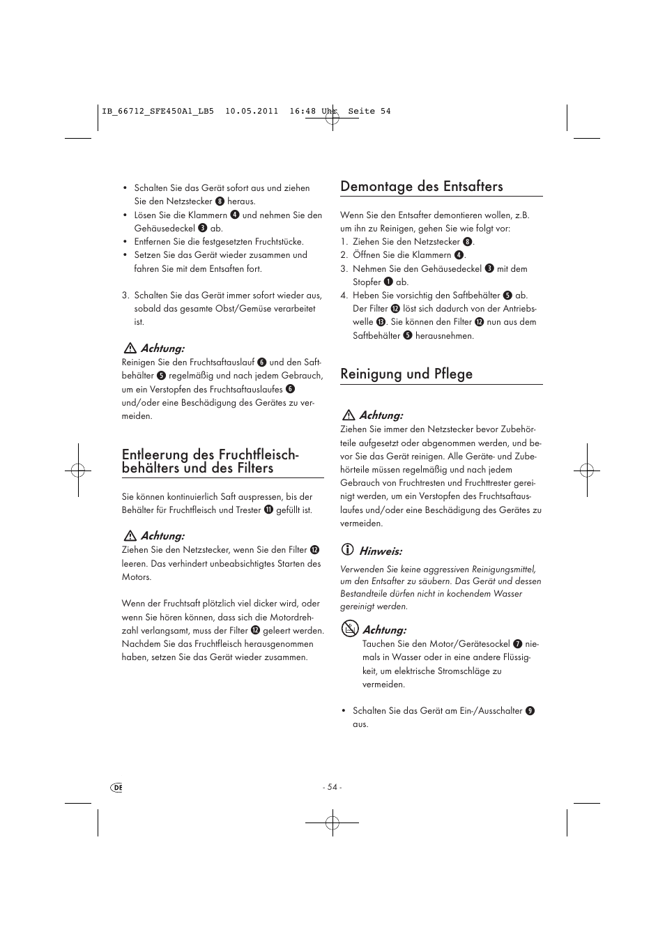 Demontage des entsafters, Reinigung und pflege | Silvercrest SFE 450 A1 User Manual | Page 56 / 62