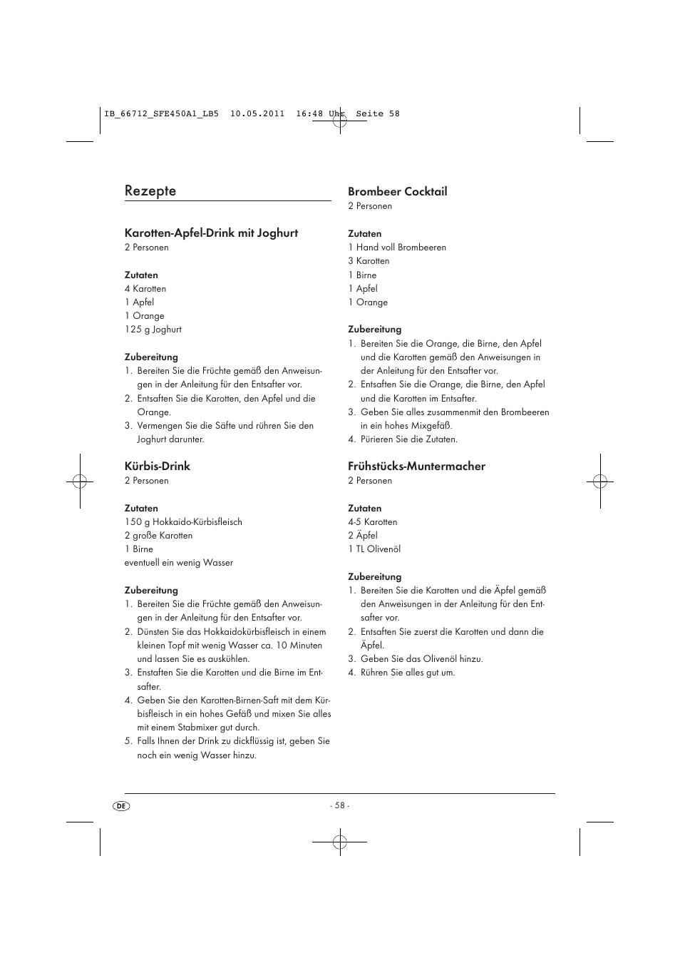 Rezepte, Karotten-apfel-drink mit joghurt, Kürbis-drink | Brombeer cocktail, Frühstücks-muntermacher | Silvercrest SFE 450 A1 User Manual | Page 60 / 62