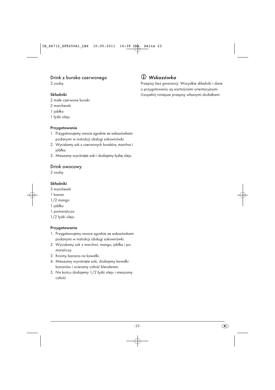 Drink z buraka czerwonego, Drink owocowy, Wskazówka | Silvercrest SFE 450 A1 User Manual | Page 25 / 86