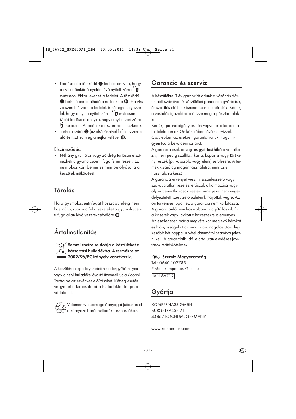 Tárolás, Ártalmatlanítás, Garancia és szerviz | Gyártja | Silvercrest SFE 450 A1 User Manual | Page 33 / 86