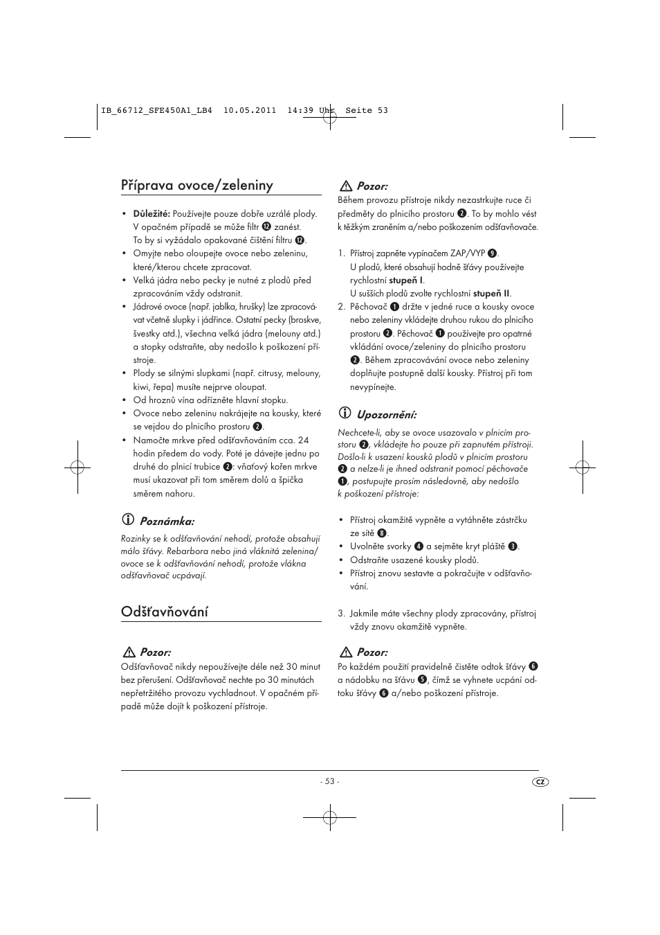 Příprava ovoce/zeleniny, Odšťavňování | Silvercrest SFE 450 A1 User Manual | Page 55 / 86