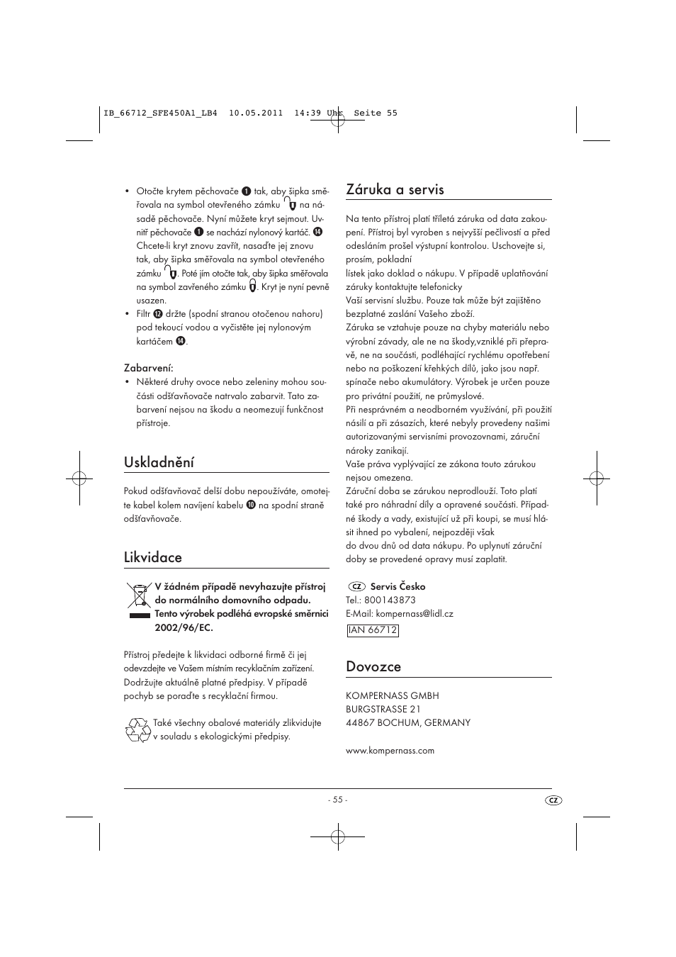 Uskladnění, Likvidace, Záruka a servis | Dovozce | Silvercrest SFE 450 A1 User Manual | Page 57 / 86