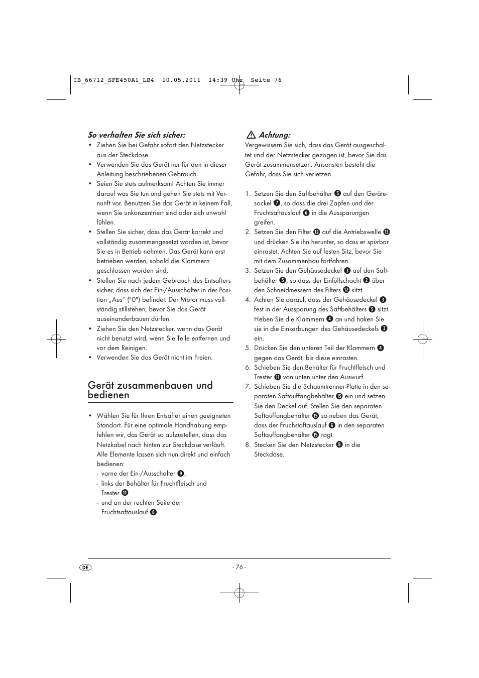 Gerät zusammenbauen und bedienen | Silvercrest SFE 450 A1 User Manual | Page 78 / 86