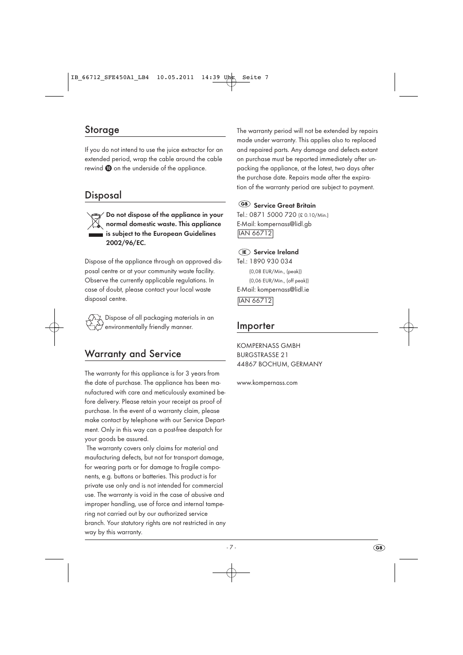 Storage, Disposal, Warranty and service | Importer | Silvercrest SFE 450 A1 User Manual | Page 9 / 86