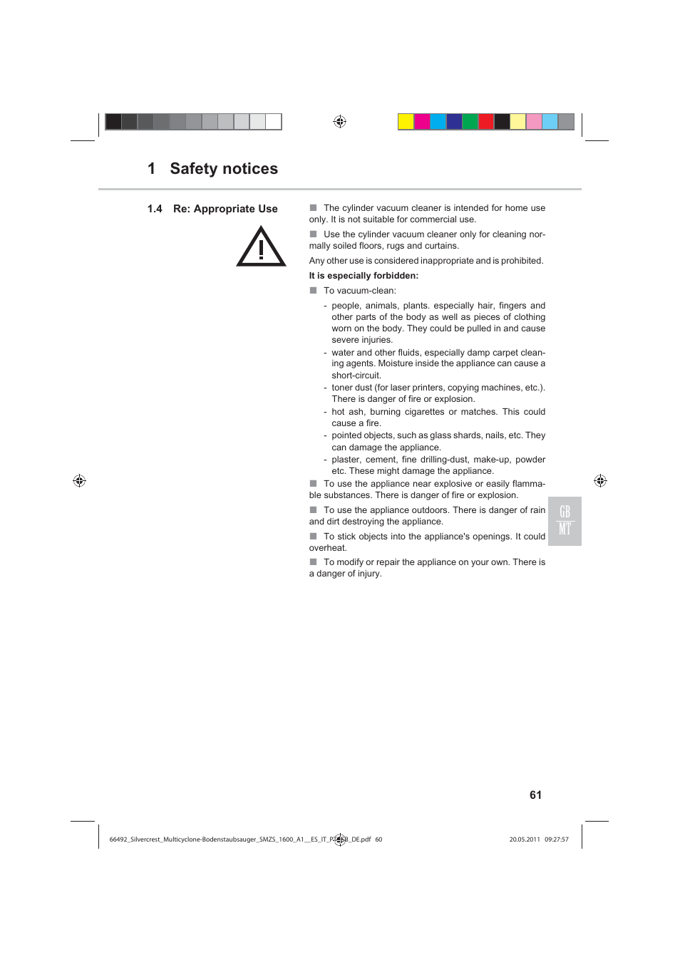 1 safety notices gb mt | Silvercrest SMZS 1600 A1 User Manual | Page 61 / 98