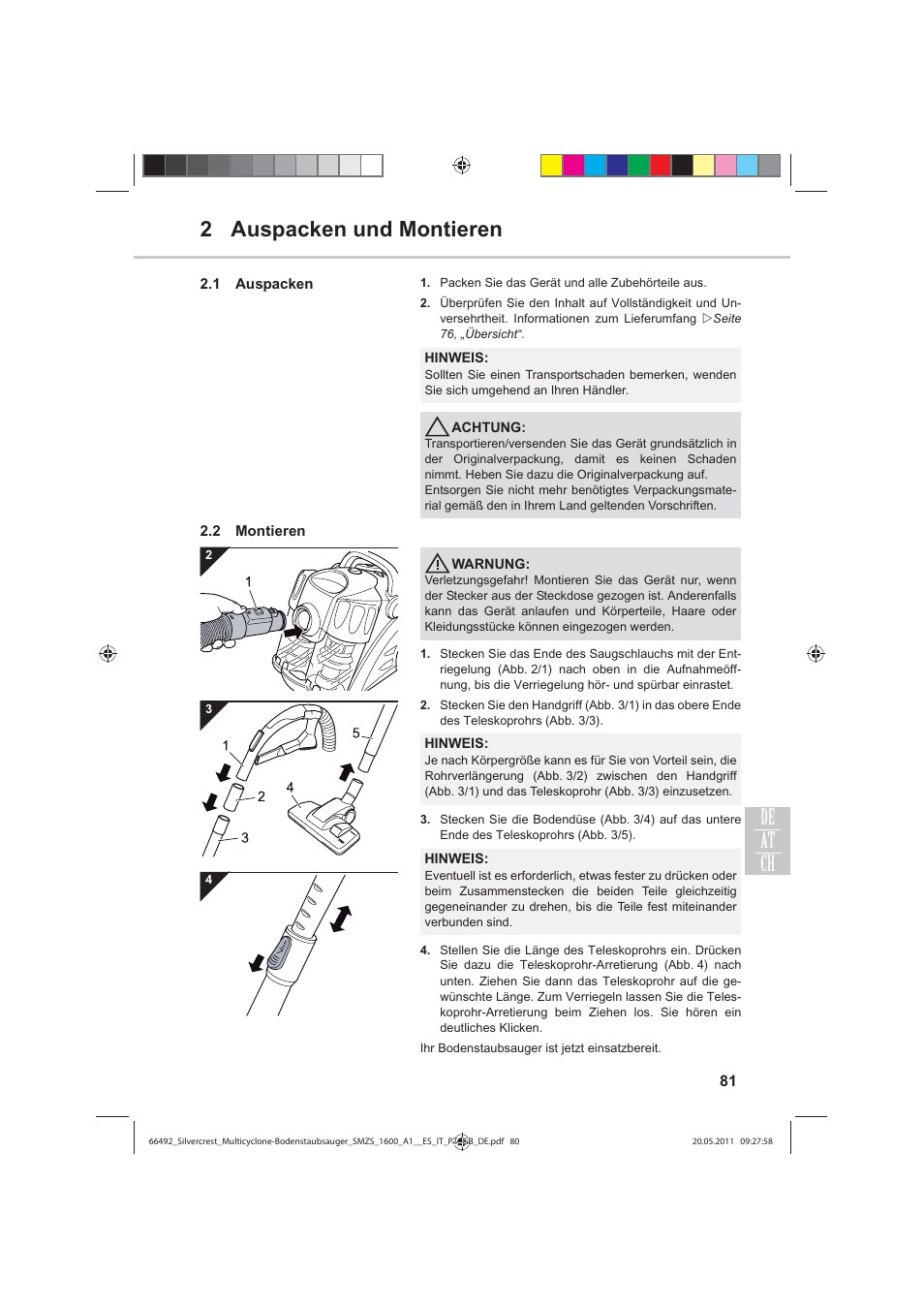 2 auspacken und montieren de ch at | Silvercrest SMZS 1600 A1 User Manual | Page 81 / 98