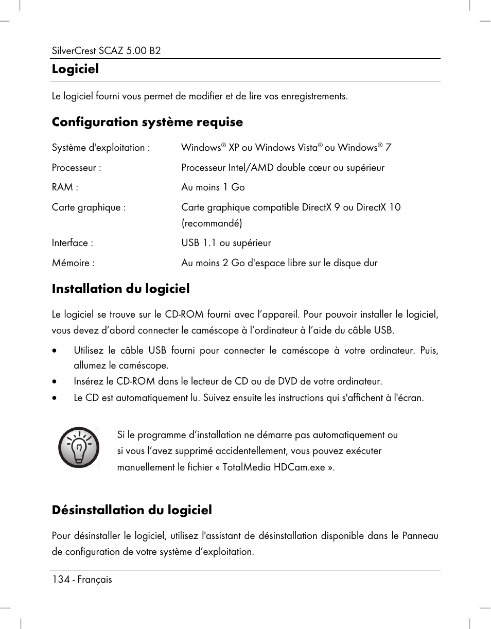 Logiciel, Configuration système requise, Installation du logiciel | Désinstallation du logiciel | Silvercrest SCAZ 5.00 B2 User Manual | Page 136 / 296