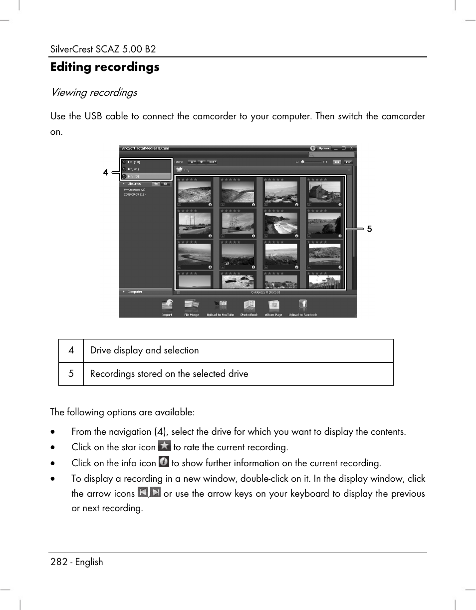 Editing recordings, Viewing recordings | Silvercrest SCAZ 5.00 B2 User Manual | Page 284 / 296