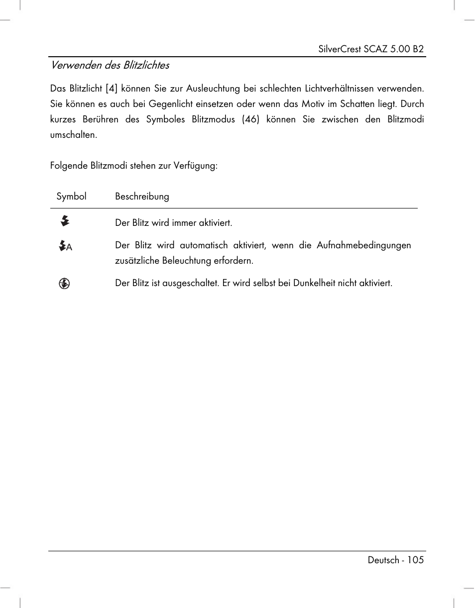 Verwenden des blitzlichtes | Silvercrest SCAZ 5.00 B2 User Manual | Page 107 / 222