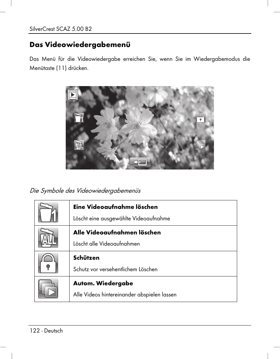 Das videowiedergabemenü, Die symbole des videowiedergabemenüs | Silvercrest SCAZ 5.00 B2 User Manual | Page 124 / 222