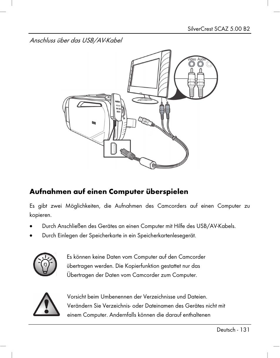 Aufnahmen auf einen computer überspielen, Anschluss über das usb/av-kabel | Silvercrest SCAZ 5.00 B2 User Manual | Page 133 / 222