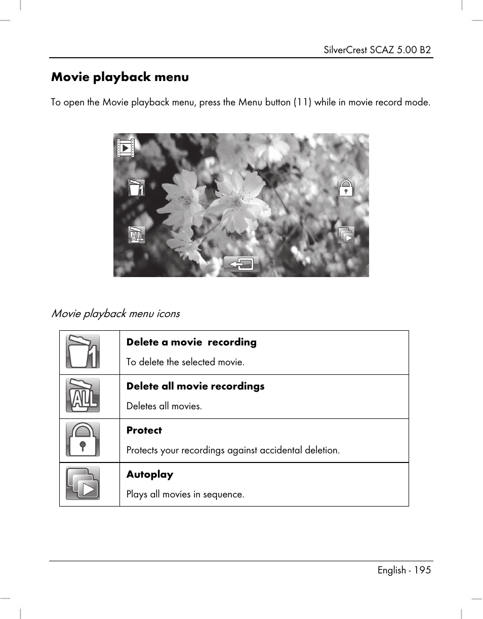 Movie playback menu, Movie playback menu icons | Silvercrest SCAZ 5.00 B2 User Manual | Page 197 / 222