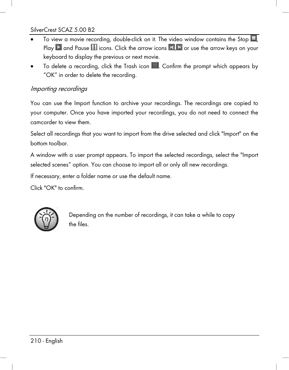Importing recordings | Silvercrest SCAZ 5.00 B2 User Manual | Page 212 / 222