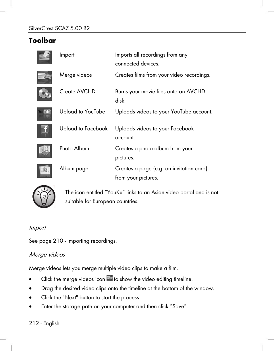 Toolbar, Import, Merge videos | Silvercrest SCAZ 5.00 B2 User Manual | Page 214 / 222