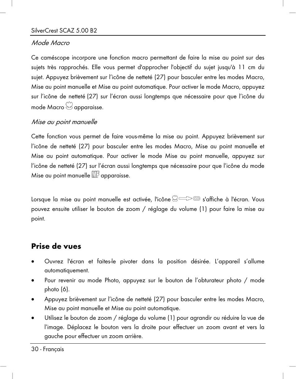 Prise de vues, Mode macro, Mise au point manuelle | Silvercrest SCAZ 5.00 B2 User Manual | Page 32 / 222