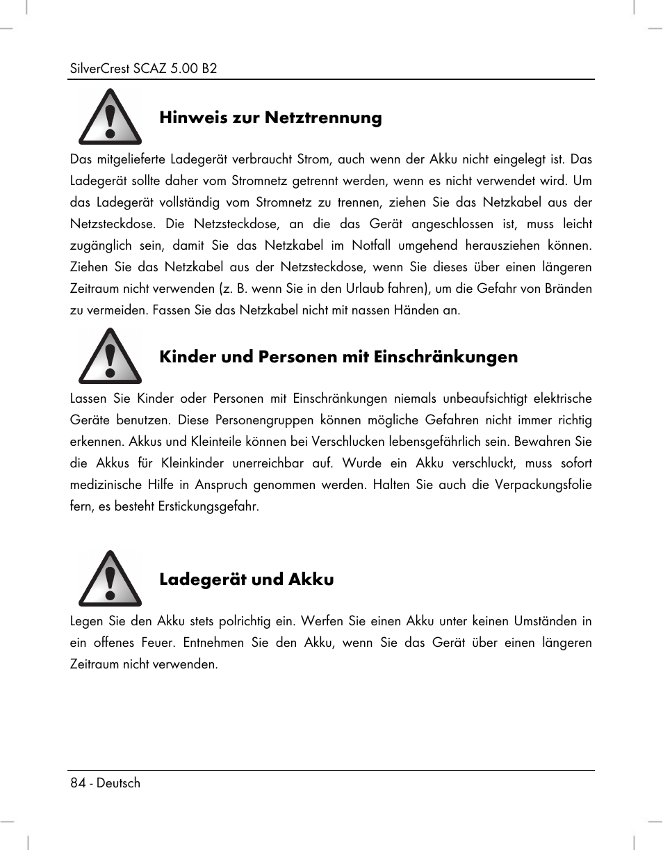 Hinweis zur netztrennung, Kinder und personen mit einschränkungen, Ladegerät und akku | Silvercrest SCAZ 5.00 B2 User Manual | Page 86 / 222