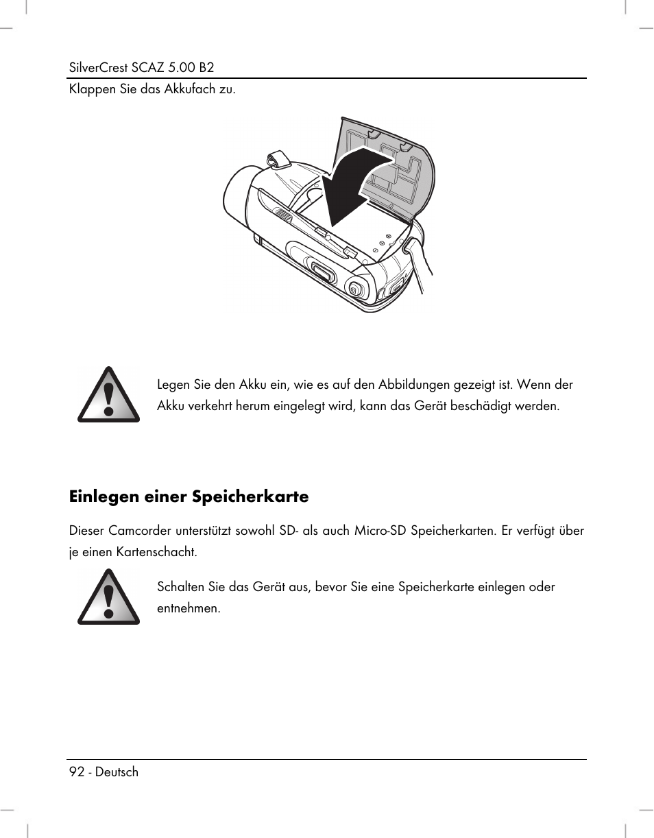 Einlegen einer speicherkarte | Silvercrest SCAZ 5.00 B2 User Manual | Page 94 / 222