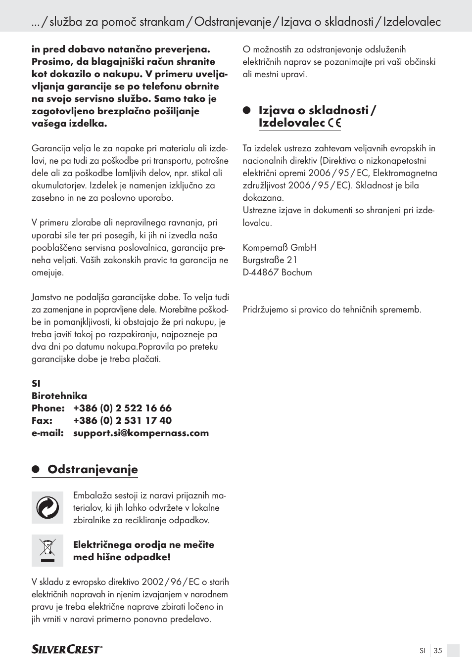 Odstranjevanje, Izjava o skladnosti / izdelovalec | Silvercrest SAS 150 A1 User Manual | Page 35 / 60