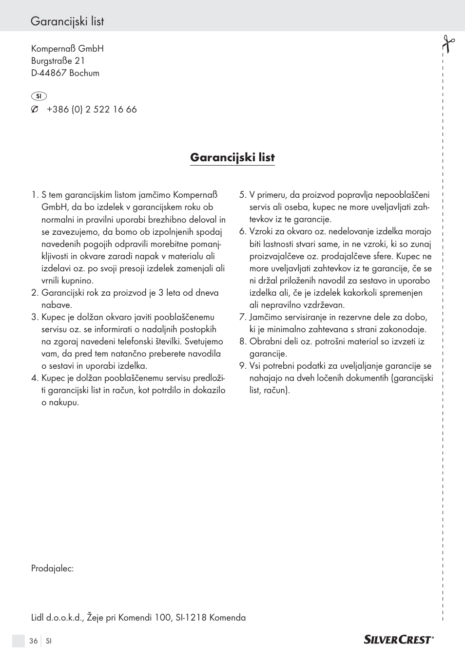 Garancijski list | Silvercrest SAS 150 A1 User Manual | Page 36 / 60