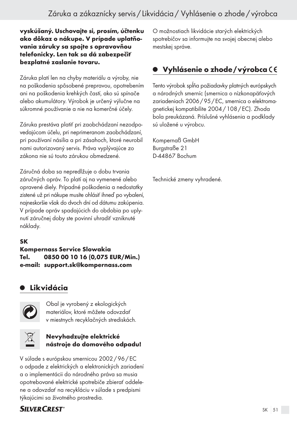 Likvidácia, Vyhlásenie o zhode / výrobca | Silvercrest SAS 150 A1 User Manual | Page 51 / 60