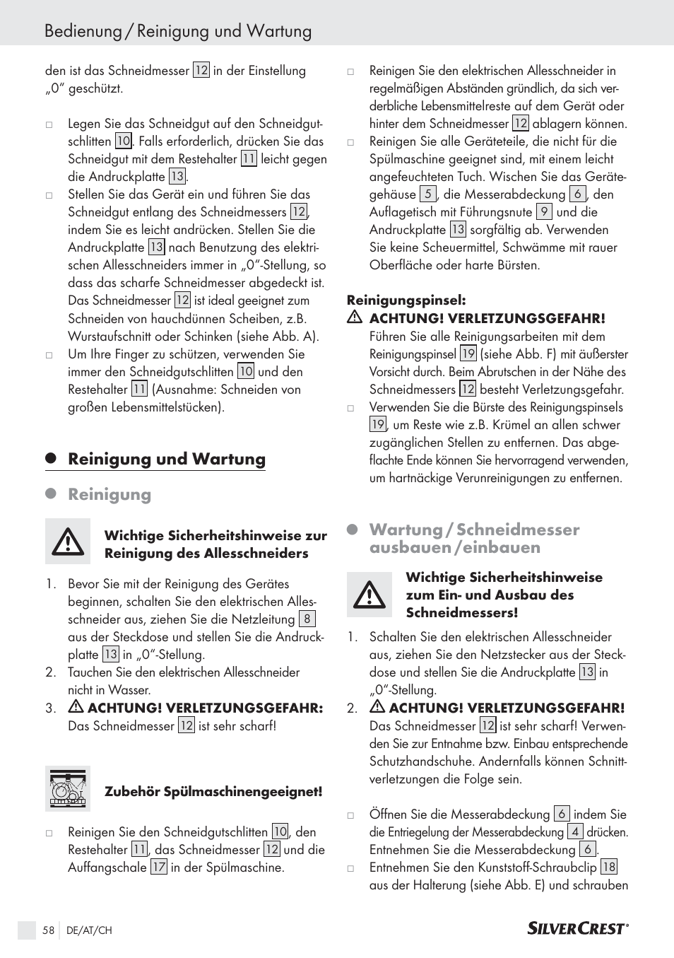 Bedienung / reinigung und wartung, Reinigung und wartung, Reinigung | Wartung / schneidmesser ausbauen /einbauen | Silvercrest SAS 150 A1 User Manual | Page 58 / 60