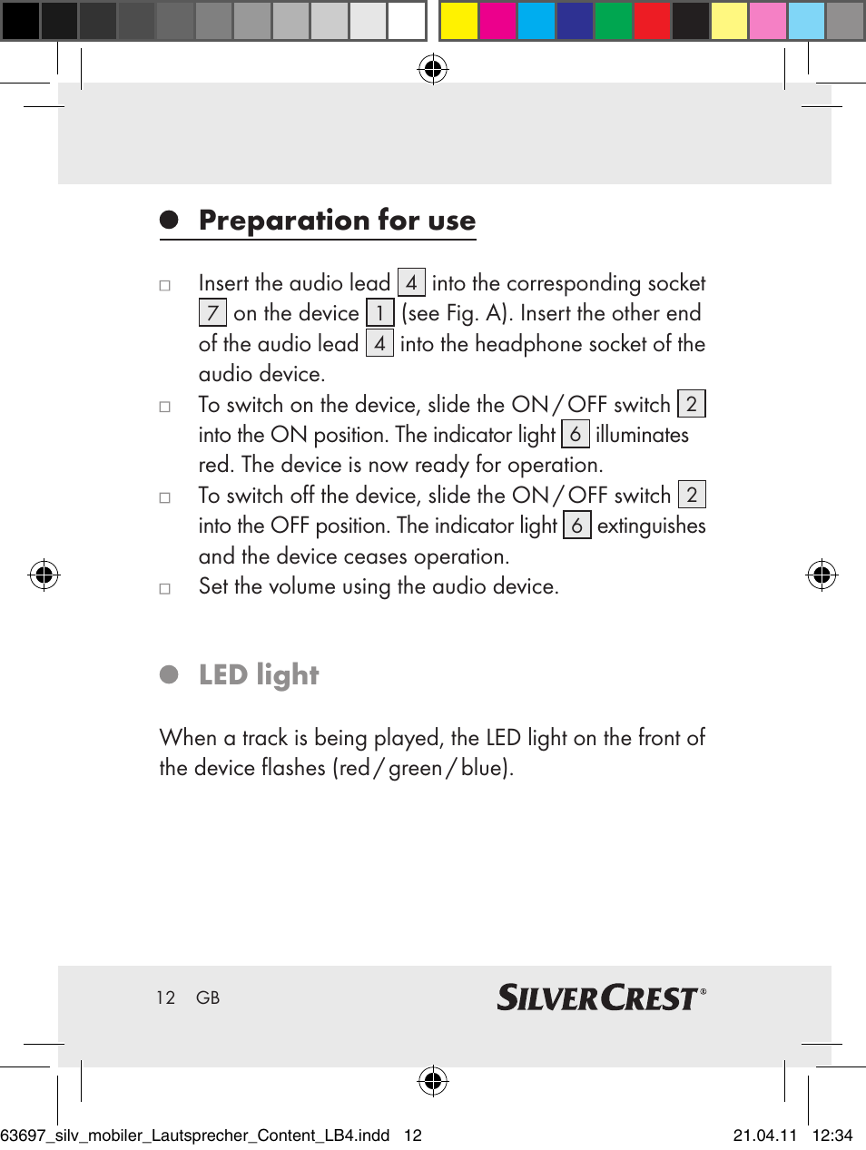 Preparation for use, Led light | Silvercrest Z30813 User Manual | Page 10 / 77
