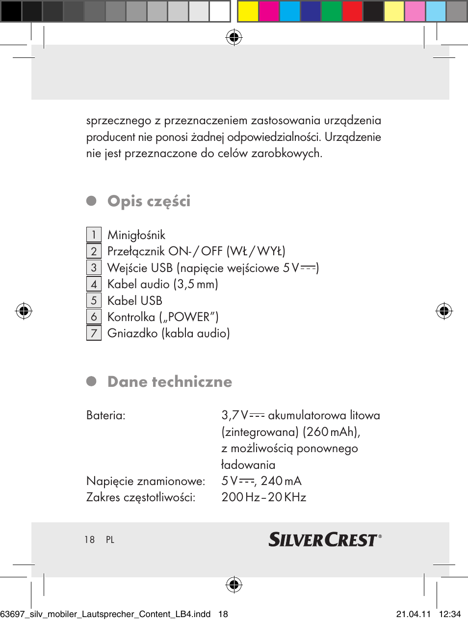 Opis części, Dane techniczne | Silvercrest Z30813 User Manual | Page 16 / 77