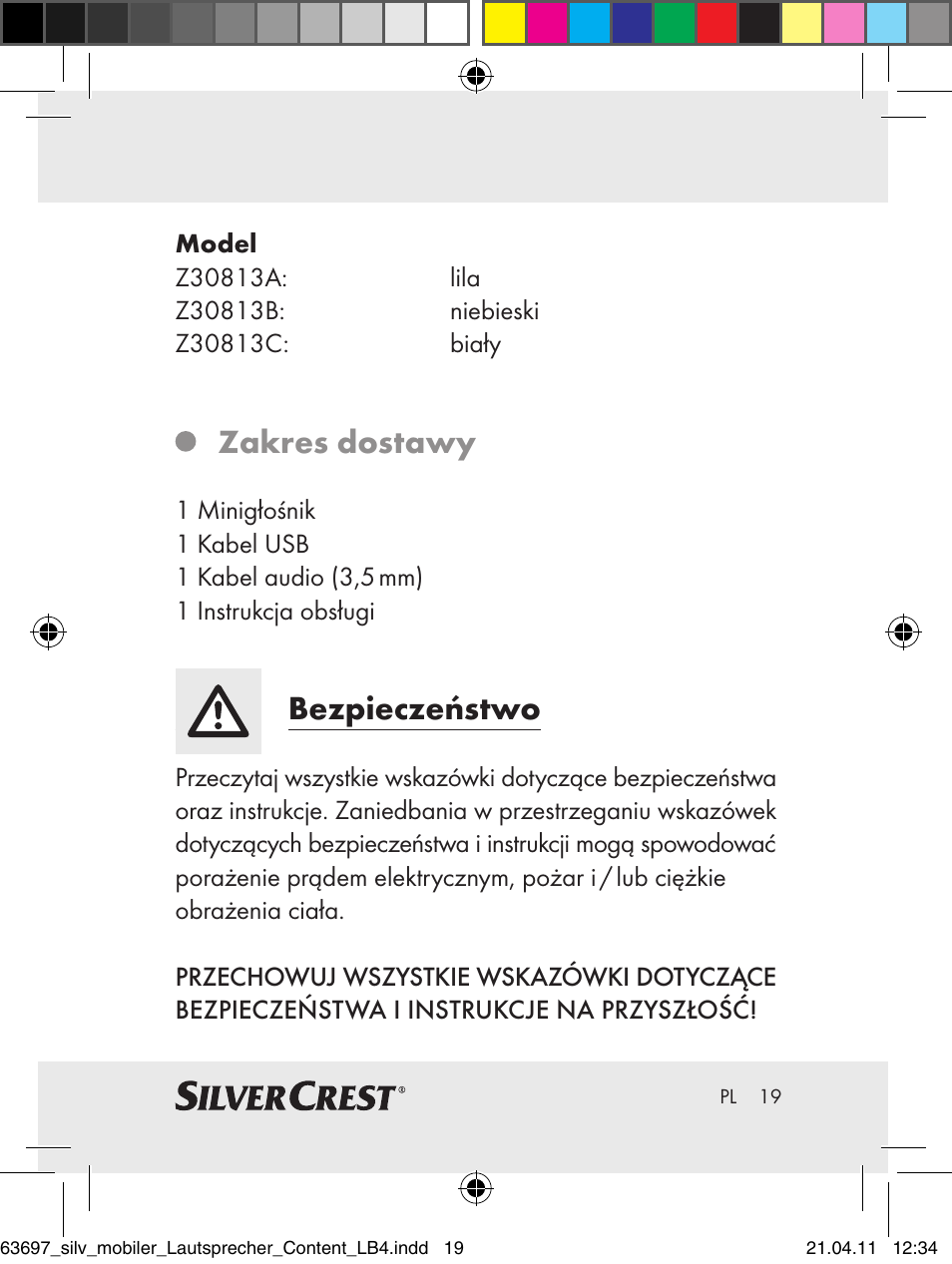 Zakres dostawy, Bezpieczeństwo | Silvercrest Z30813 User Manual | Page 17 / 77