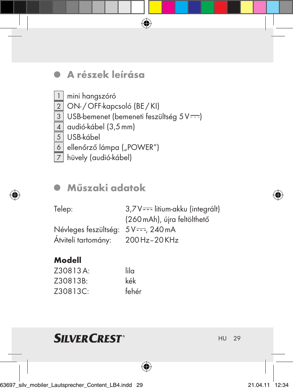 A részek leírása, Műszaki adatok | Silvercrest Z30813 User Manual | Page 27 / 77