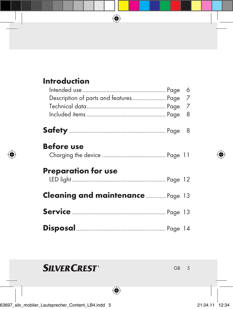 Introduction, Safety, Before use | Preparation for use, Cleaning and maintenance, Service, Disposal | Silvercrest Z30813 User Manual | Page 3 / 77