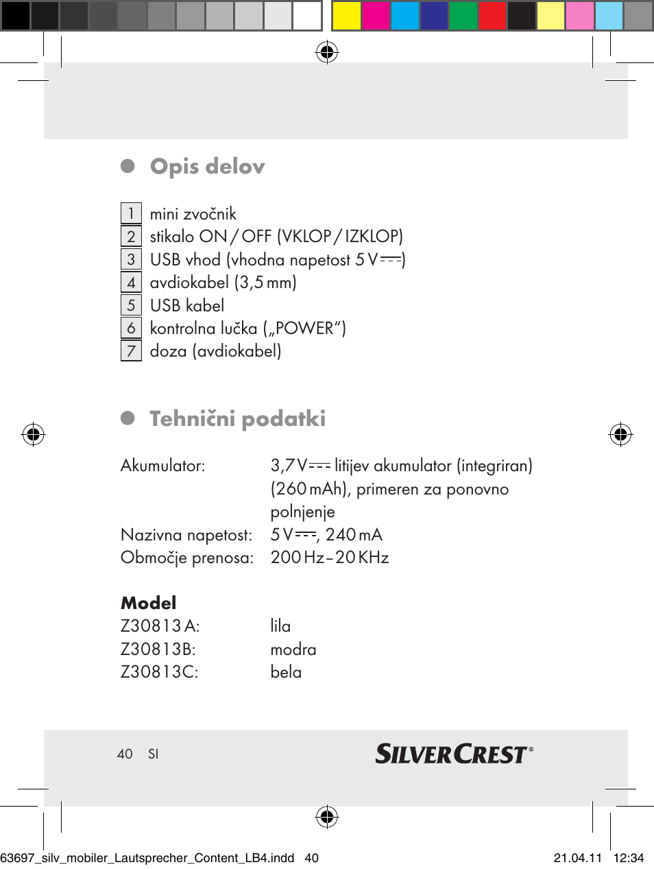 Opis delov, Tehnični podatki | Silvercrest Z30813 User Manual | Page 38 / 77