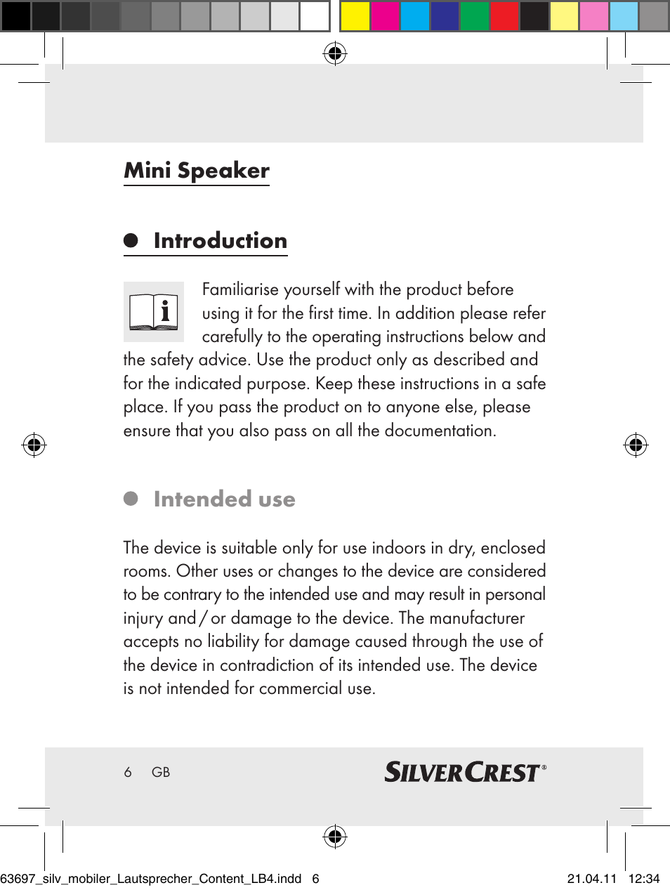 Mini speaker introduction, Intended use | Silvercrest Z30813 User Manual | Page 4 / 77