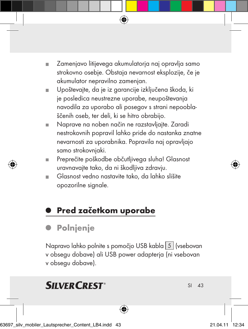 Pred začetkom uporabe polnjenje | Silvercrest Z30813 User Manual | Page 41 / 77