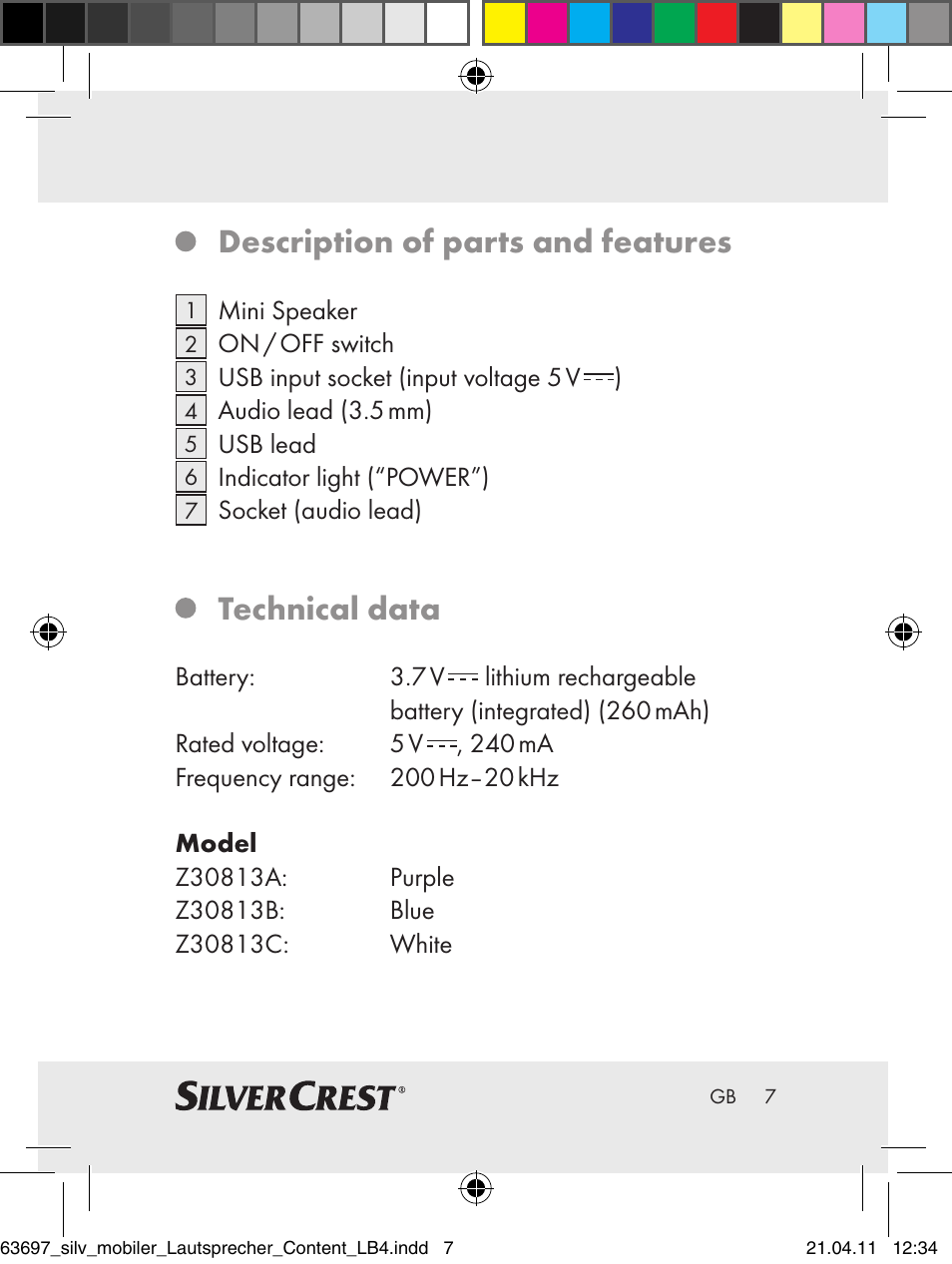 Description of parts and features, Technical data | Silvercrest Z30813 User Manual | Page 5 / 77
