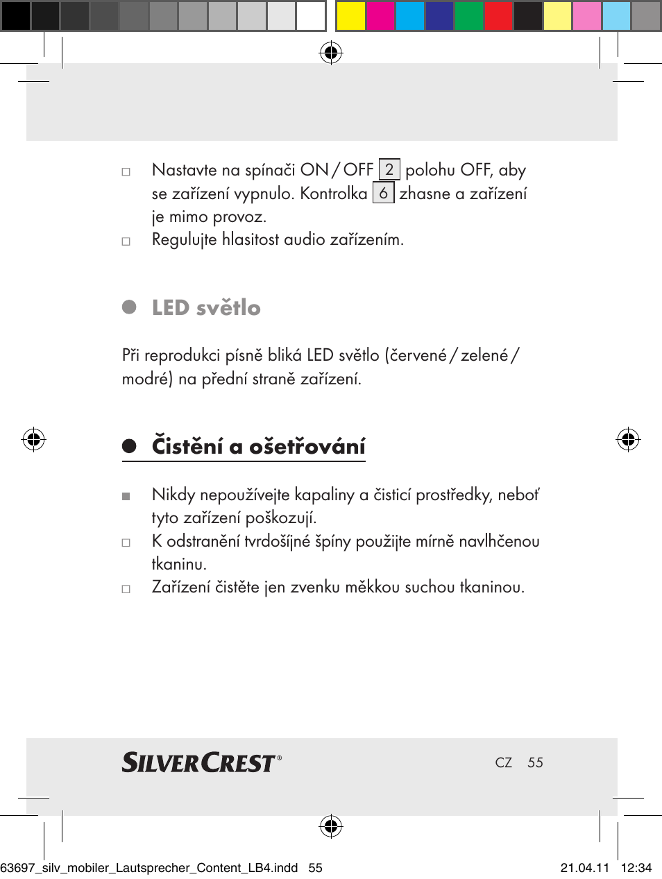 Led světlo, Čistění a ošetřování | Silvercrest Z30813 User Manual | Page 53 / 77