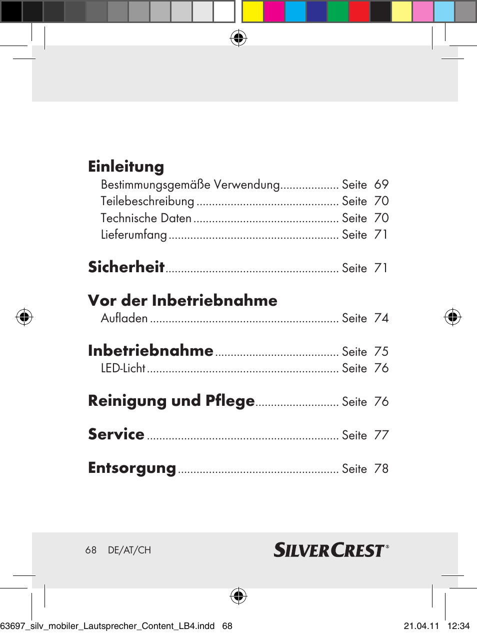 Einleitung, Sicherheit, Vor der inbetriebnahme | Inbetriebnahme, Reinigung und pflege, Service, Entsorgung | Silvercrest Z30813 User Manual | Page 66 / 77
