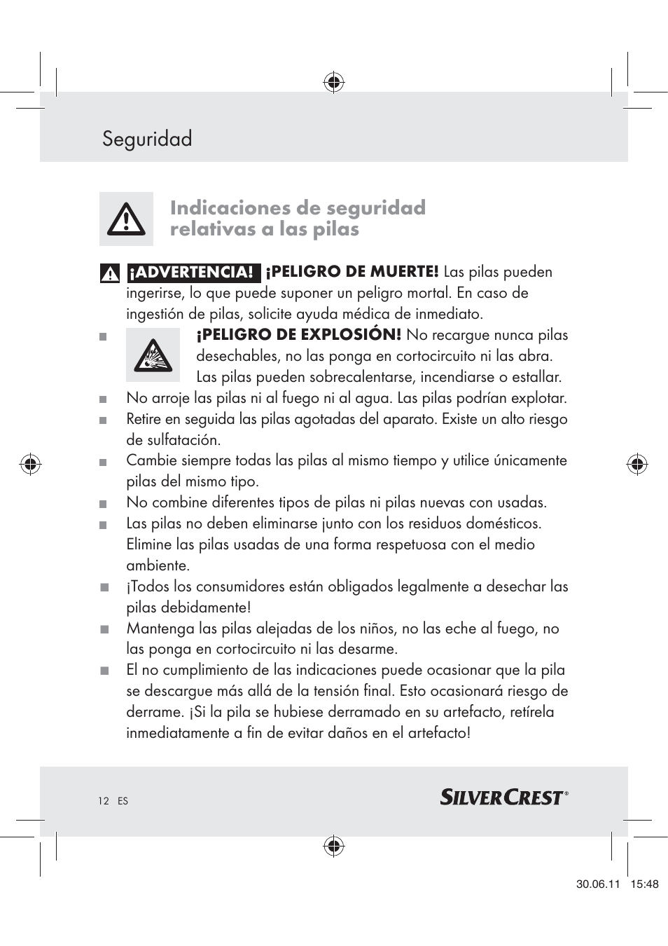 Seguridad, Indicaciones de seguridad relativas a las pilas | Silvercrest Z30914 User Manual | Page 13 / 74