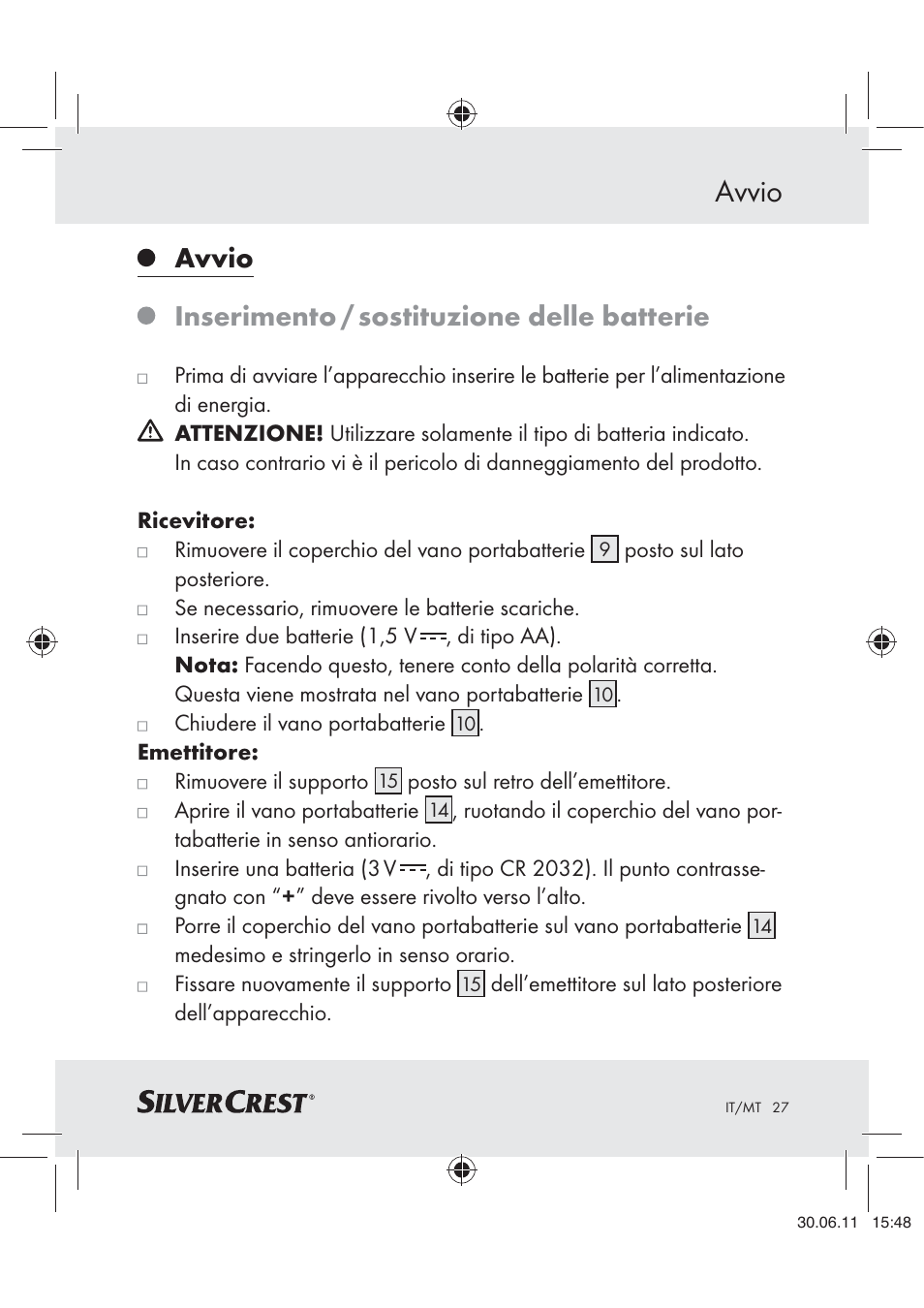 Avvio, Avvio inserimento / sostituzione delle batterie | Silvercrest Z30914 User Manual | Page 28 / 74