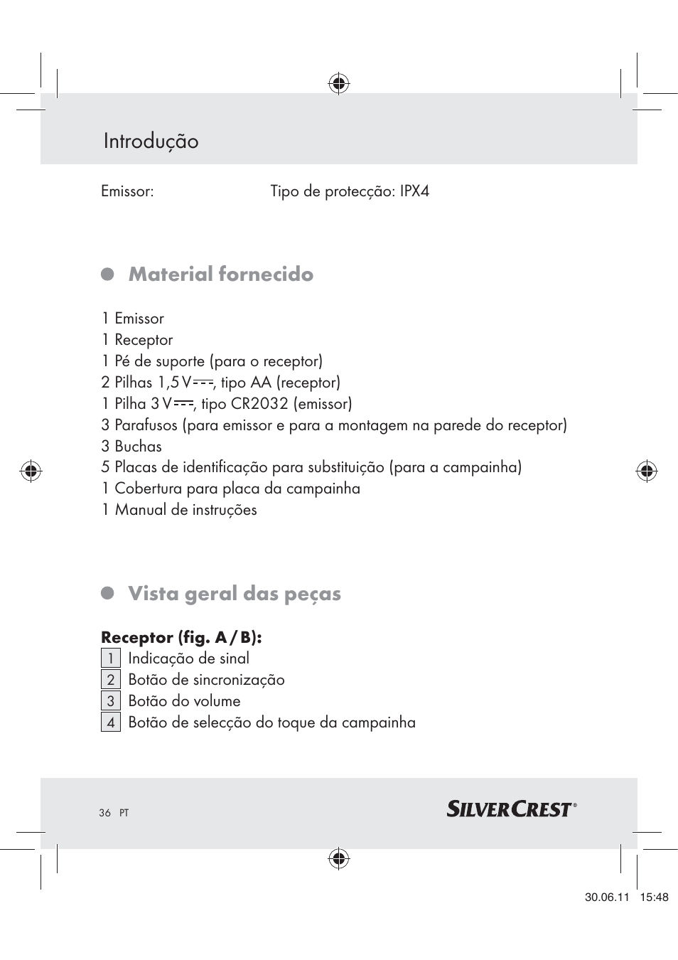 Introdução, Material fornecido, Vista geral das peças | Silvercrest Z30914 User Manual | Page 37 / 74