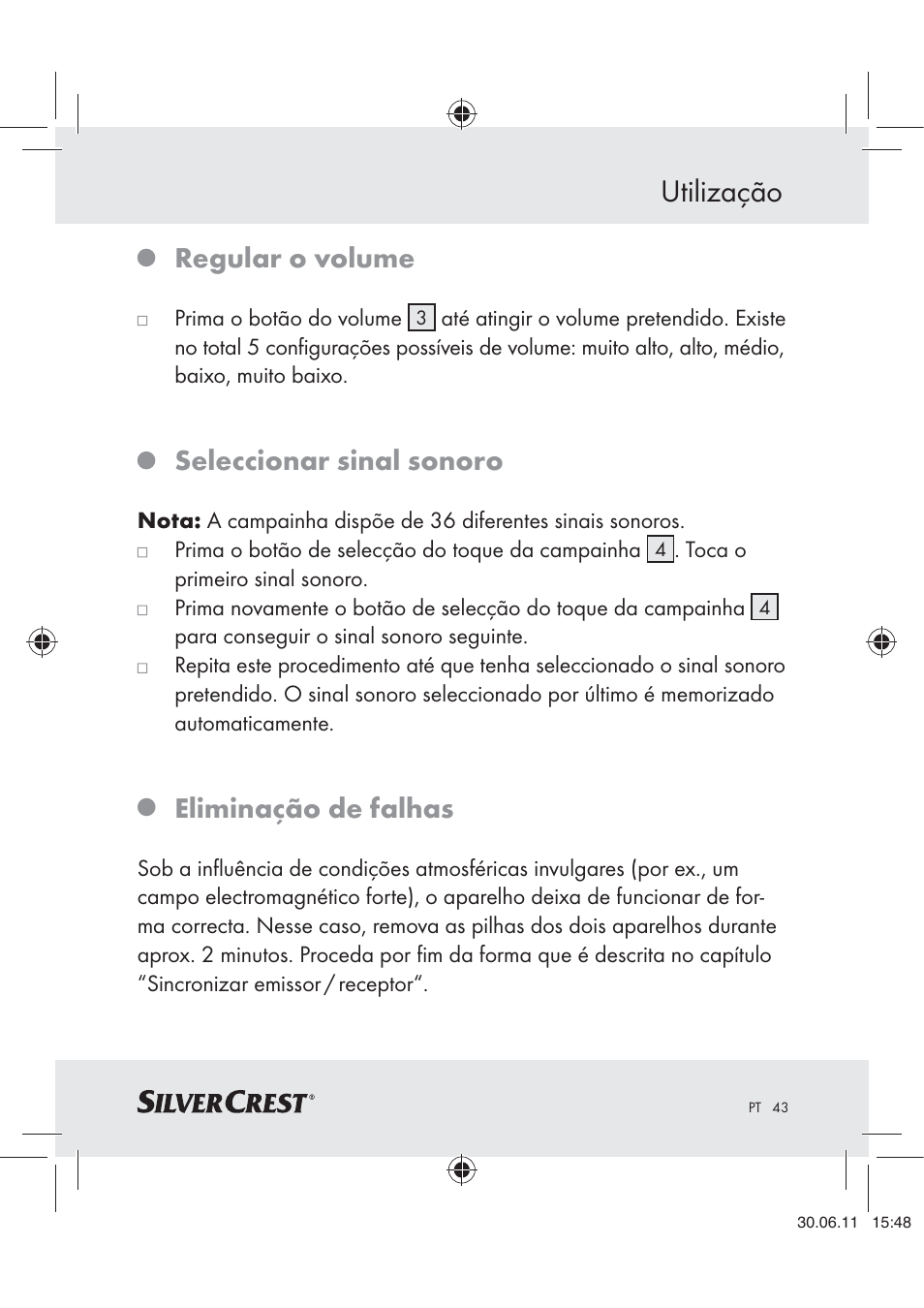 Utilização, Regular o volume, Seleccionar sinal sonoro | Eliminação de falhas | Silvercrest Z30914 User Manual | Page 44 / 74