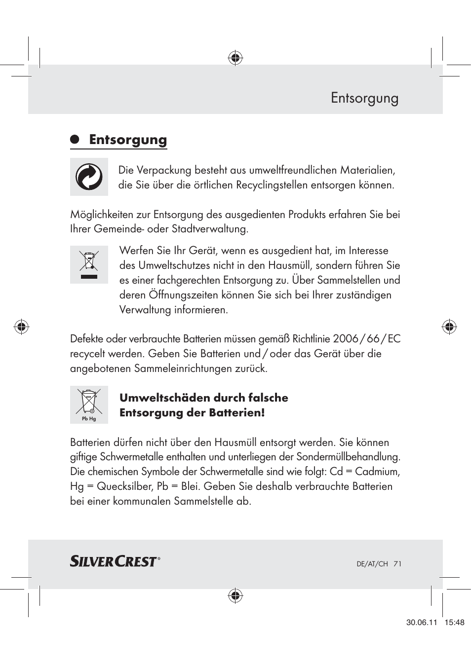 Entsorgung | Silvercrest Z30914 User Manual | Page 72 / 74