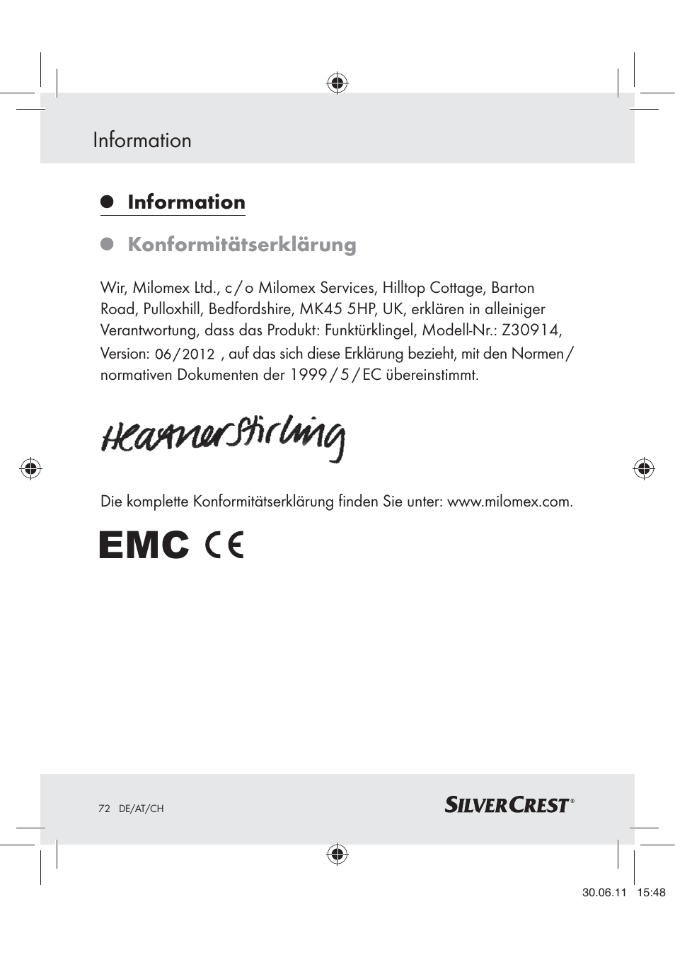 Information, Konformitätserklärung | Silvercrest Z30914 User Manual | Page 73 / 74