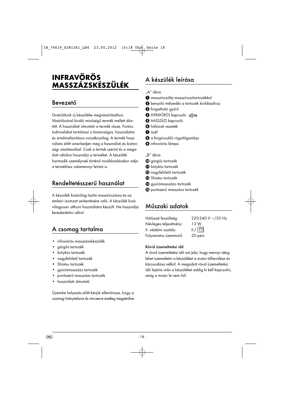 Infravörös masszázskészülék, Bevezető, Rendeltetésszerű használat | A csomag tartalma, A készülék leírása, Műszaki adatok | Silvercrest SIM 13 A1 User Manual | Page 20 / 57