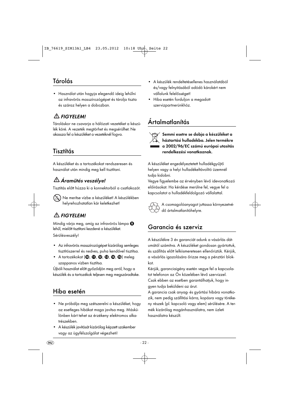 Tárolás, Tisztítás, Hiba esetén | Ártalmatlanítás, Garancia és szerviz | Silvercrest SIM 13 A1 User Manual | Page 24 / 57