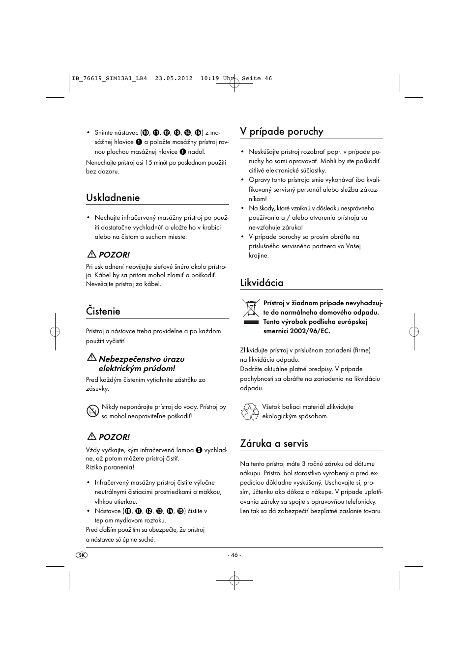 Uskladnenie, Čistenie, V prípade poruchy | Likvidácia, Záruka a servis | Silvercrest SIM 13 A1 User Manual | Page 48 / 57