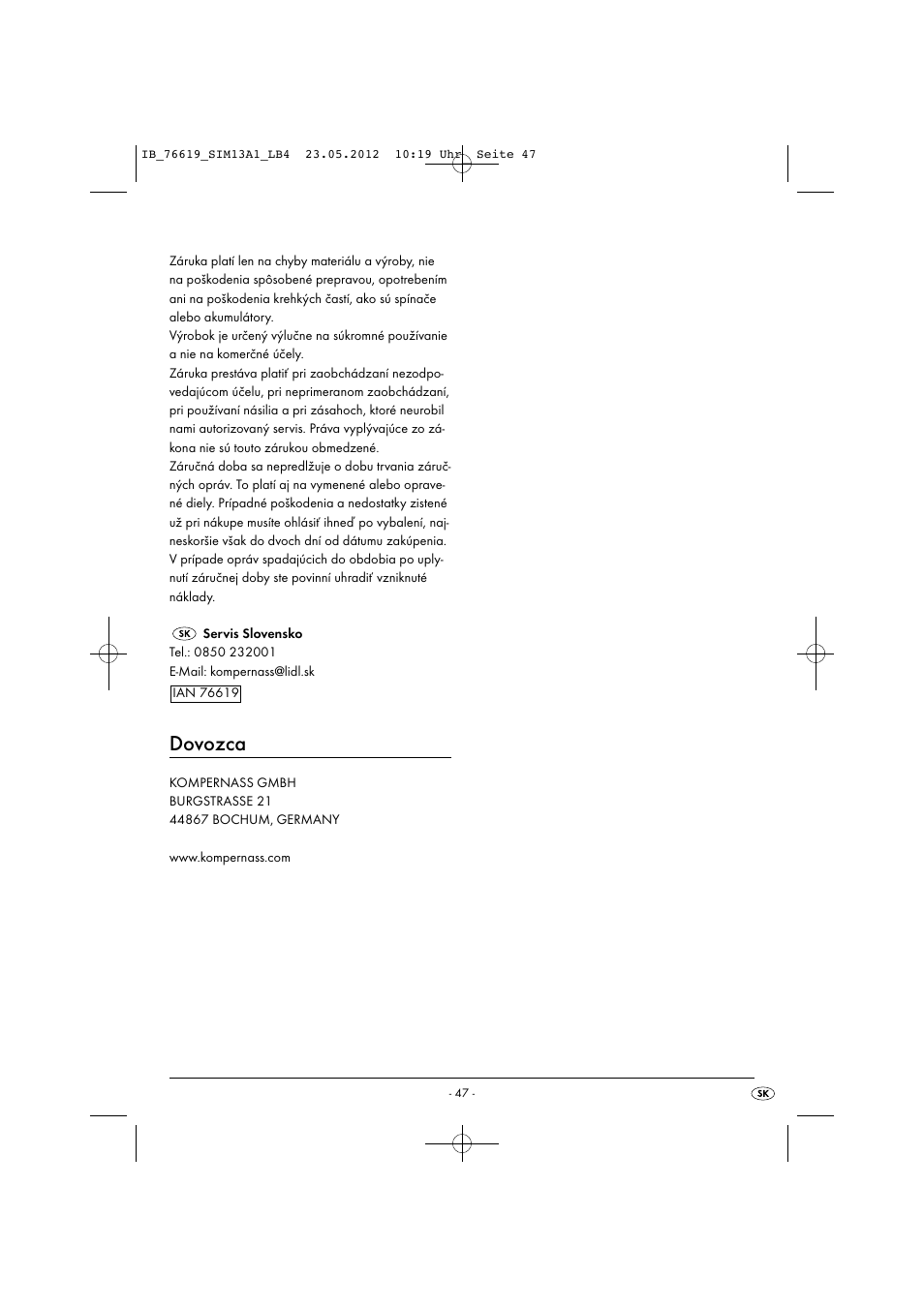 Dovozca | Silvercrest SIM 13 A1 User Manual | Page 49 / 57