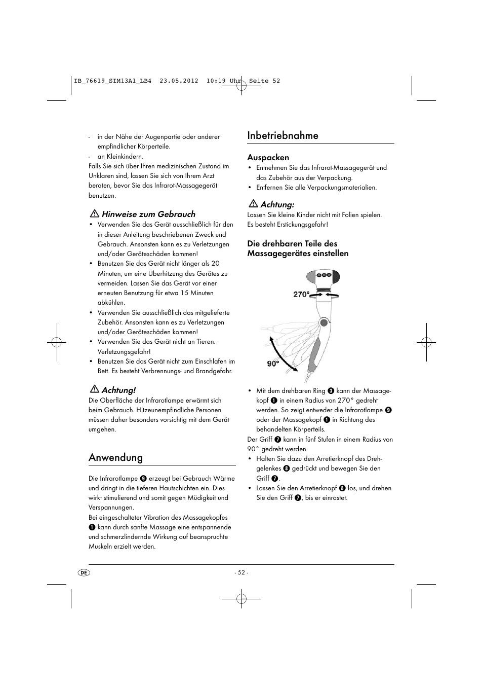 Anwendung, Inbetriebnahme, Hinweise zum gebrauch | Achtung, Auspacken, Die drehbaren teile des massagegerätes einstellen | Silvercrest SIM 13 A1 User Manual | Page 54 / 57