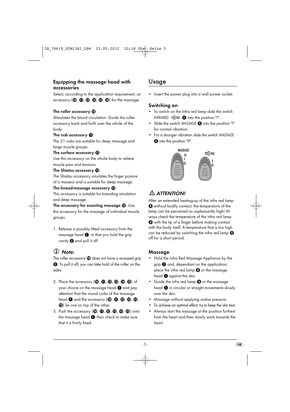 Usage, Equipping the massage head with accessories, Switching on | Attention, Massage | Silvercrest SIM 13 A1 User Manual | Page 7 / 57