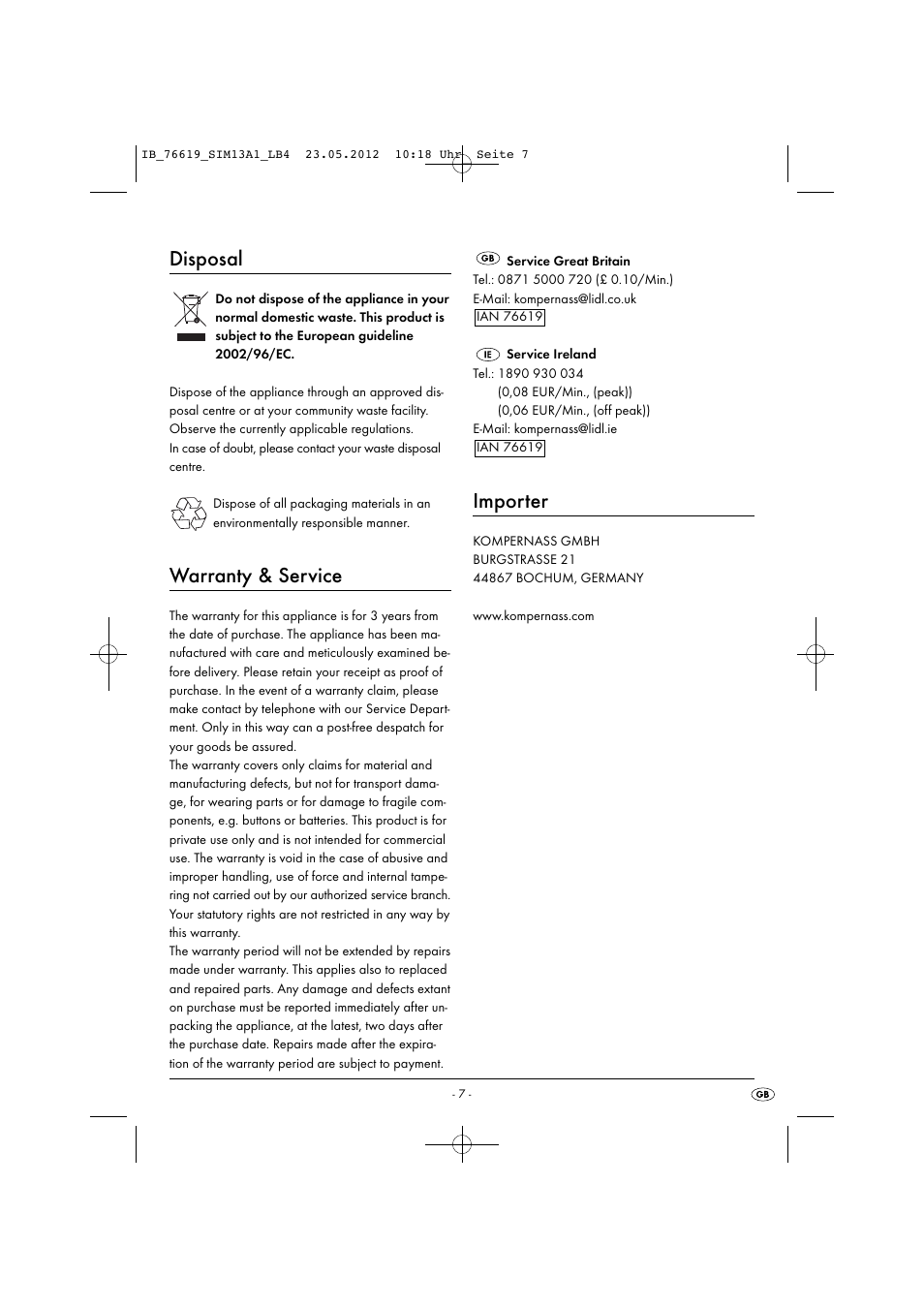 Disposal, Warranty & service, Importer | Silvercrest SIM 13 A1 User Manual | Page 9 / 57