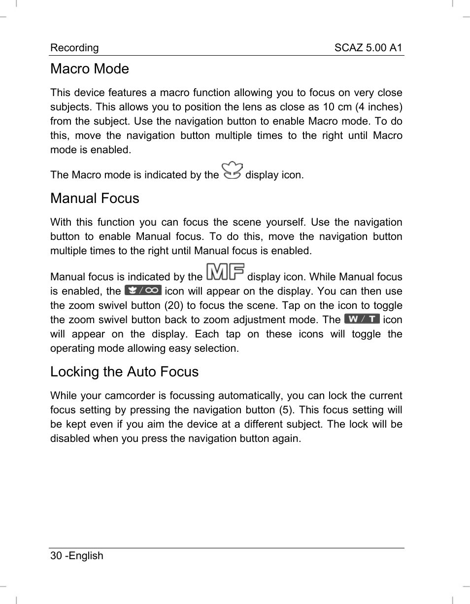 Macro mode, Manual focus, Locking the auto focus | Silvercrest SCAZ 5.00 A1 User Manual | Page 32 / 155